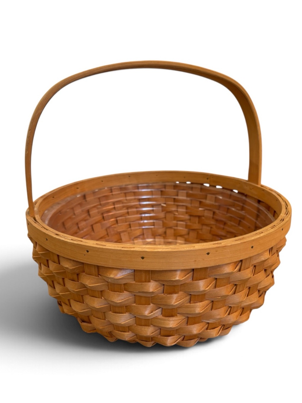 Handcrafted Woven Splint Wood Basket 13 inches Round with Plastic Liner